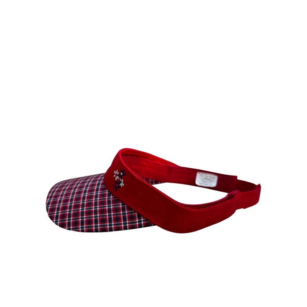 Vintage Red Plaid Sun Visor Floral Embroidery Adjustable Strap Golf Tennis Hat